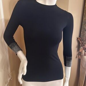 KIKIRIKI Black Long-Sleeve Crewneck Top with Crystal-Embellished Cuffs size S